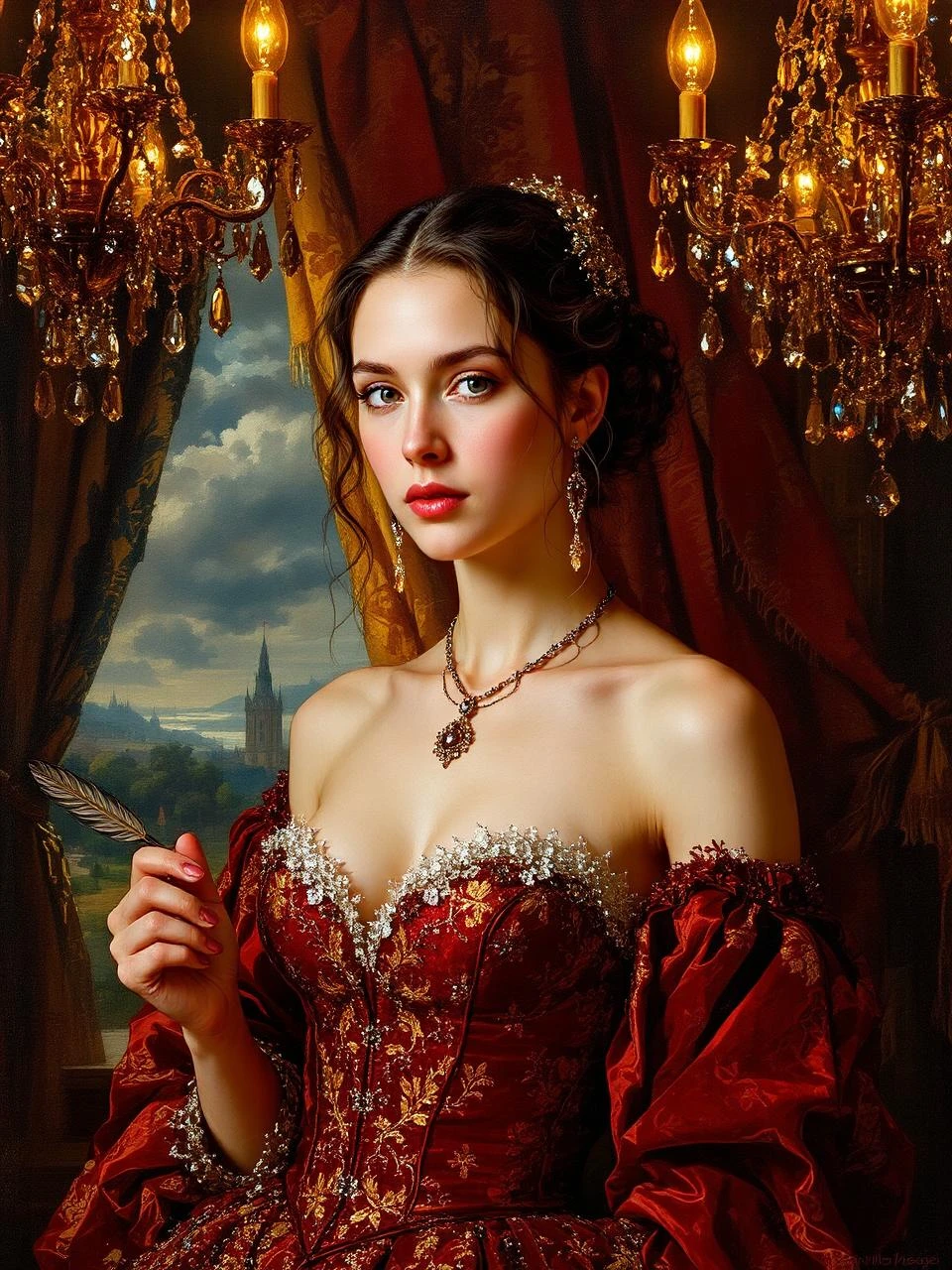 A regal young noblewoman with porcelain skin and elegant features, dressed in a deep crimson baroque gown richly embr...