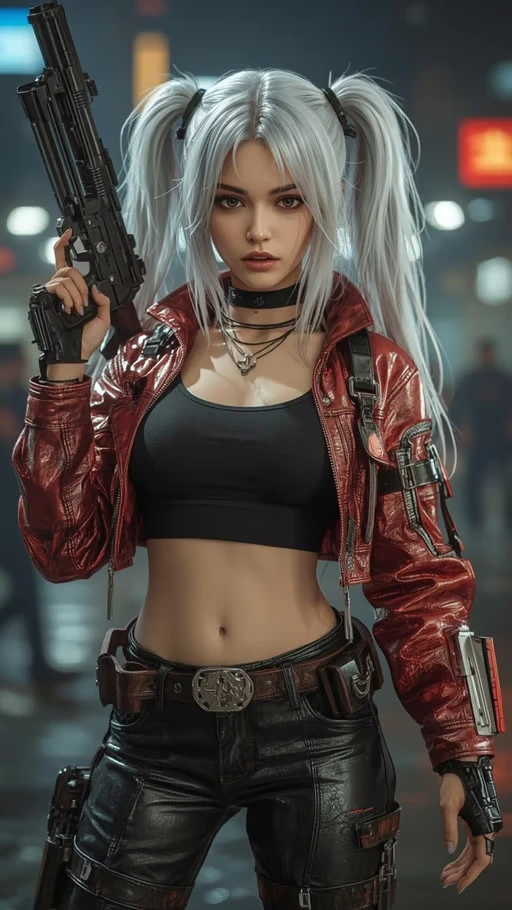 A futuristic cyberpunk woman standing in front of a bold neon pink backdrop with the phrase "SAVE WORLD" in large yel...