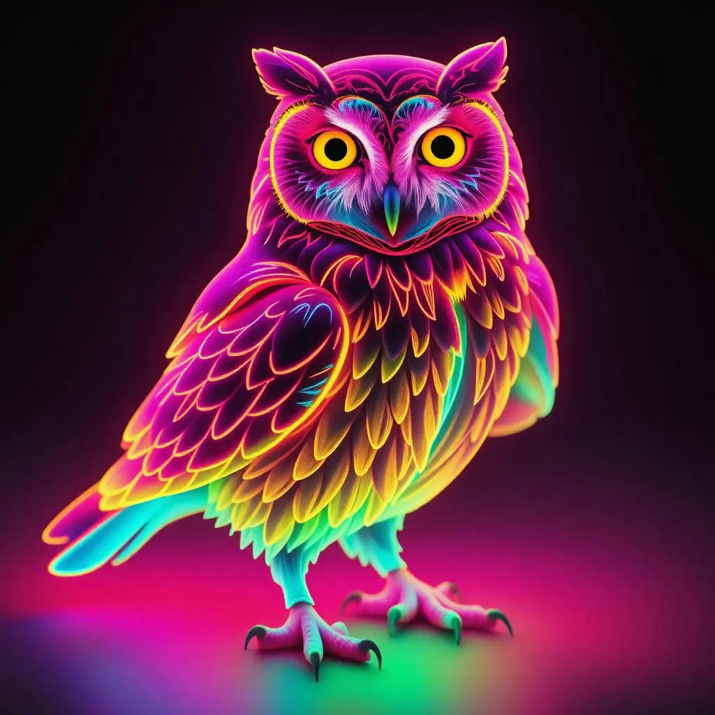 A stunning neon owl with vividly glowing feathers in bright colors like pink, purple, blue, yellow, and green. The ow...