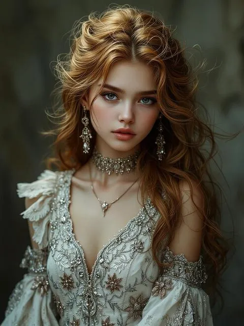 A stunning young noblewoman with flowing auburn hair and piercing blue eyes, dressed in a luxurious, silver-embroider...