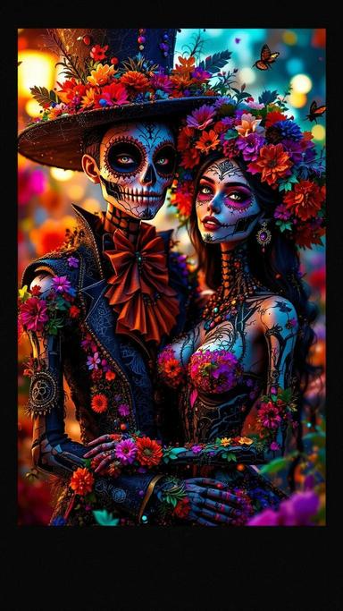 A romantic Día de los Muertos (Day of the Dead) couple, standing close together in an explosion of colorful flowers a...