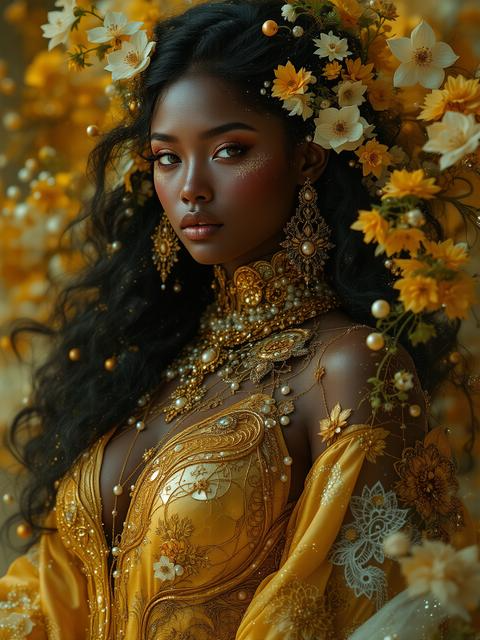 A breathtaking fantasy portrait of a regal woman with deep, radiant skin and long, flowing black hair adorned with de...