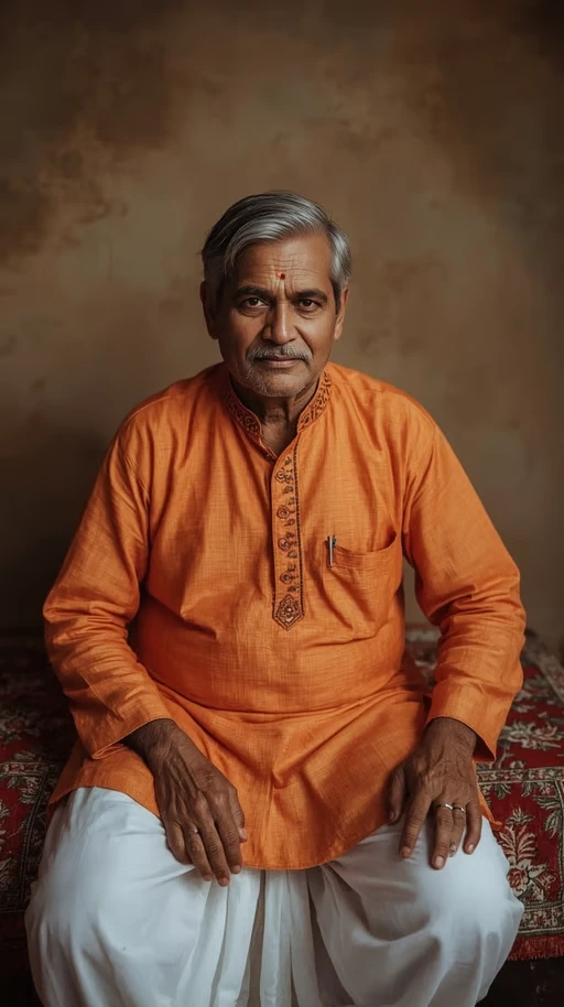 A dignified elderly Indian man sitting calmly on a traditional embroidered cushion, wearing a saffron-orange kurta wi...