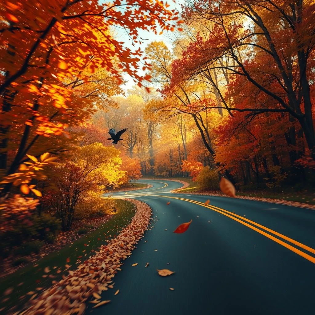 A scenic winding road cutting through a vibrant autumn forest, surrounded by tall trees with fiery foliage in shades ...
