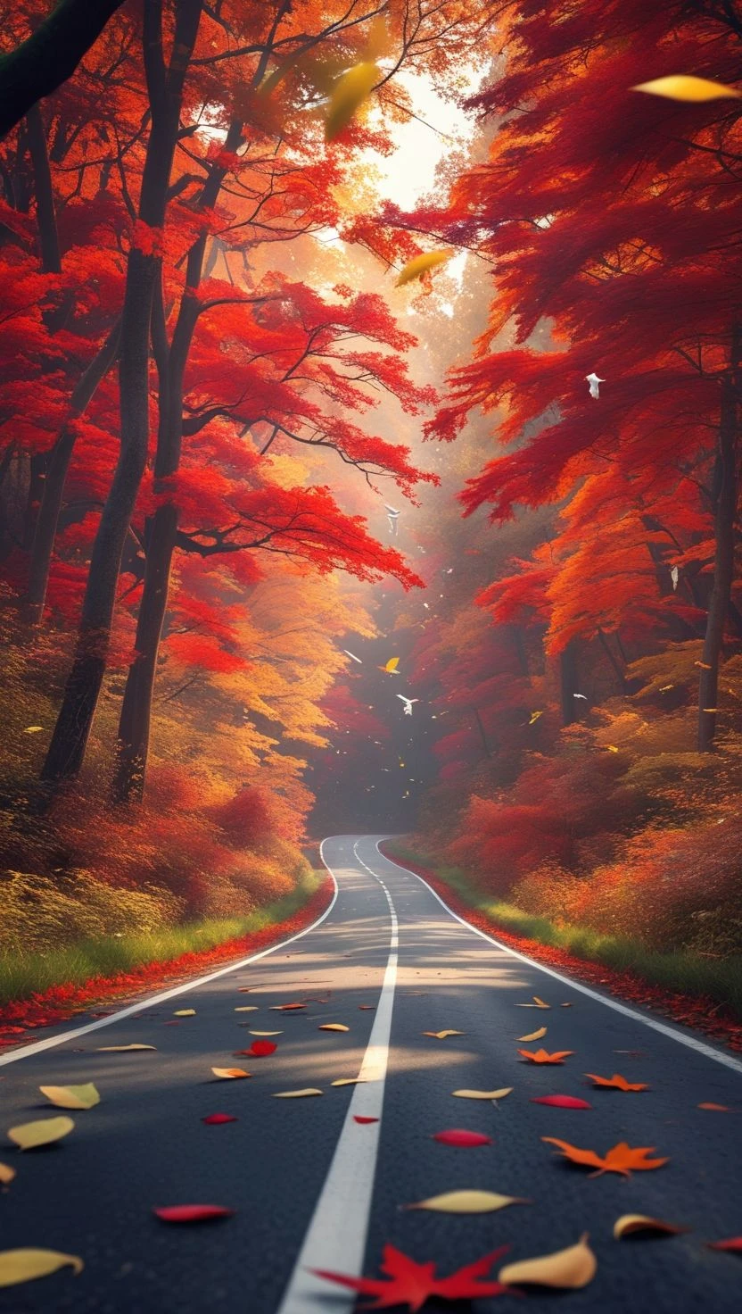 A cinematic video of a winding asphalt road cutting through a dense autumn forest, filled with vibrant red, orange, a...