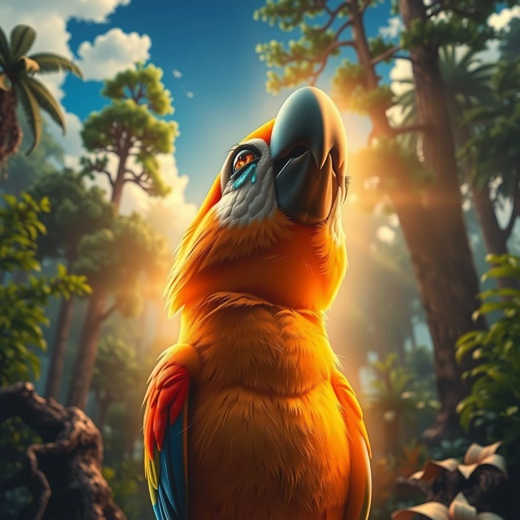 Close-up of a vibrant parrot with bright plumage looking up at the sky with teary eyes that sparkle like polished gem...