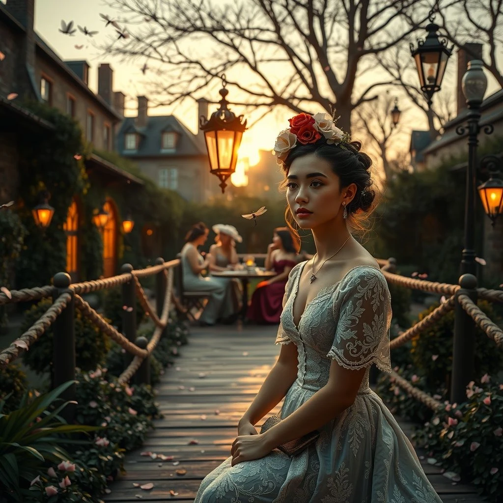 A dreamy, cinematic fantasy scene set in a whimsical Victorian garden during golden hour. A beautifully dressed young...