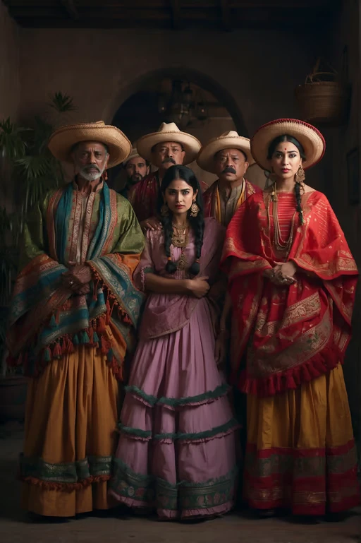 A formal portrait of six individuals wearing vibrant, traditional Mexican or South American-inspired garments with dr...