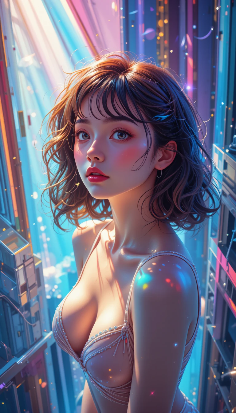A stunning anime-inspired woman in a futuristic city setting, bathed in colorful ambient lighting. She has soft, wavy...