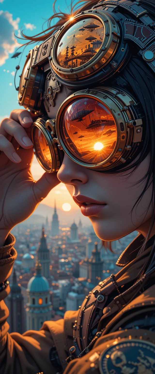 A close-up portrait of a female steampunk aviator during golden hour, wearing intricate brass and leather goggles ref...