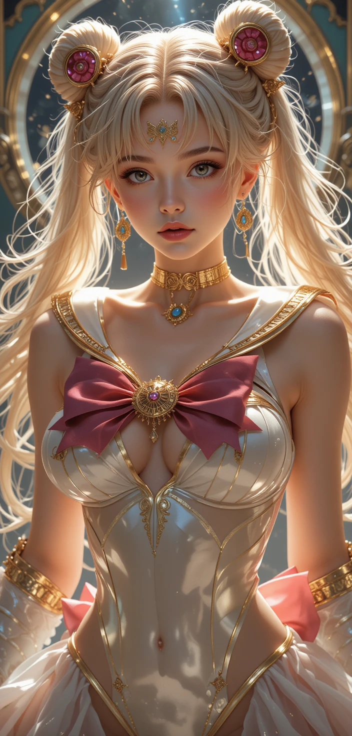 A hyper-realistic, cinematic 4K render of a regal fantasy princess inspired by anime and magical girl aesthetics. She...