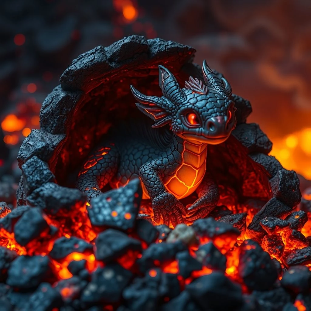 A small dragon-like creature with glowing lava cracks on its scales, curled up inside a volcanic nest, surrounded by ...