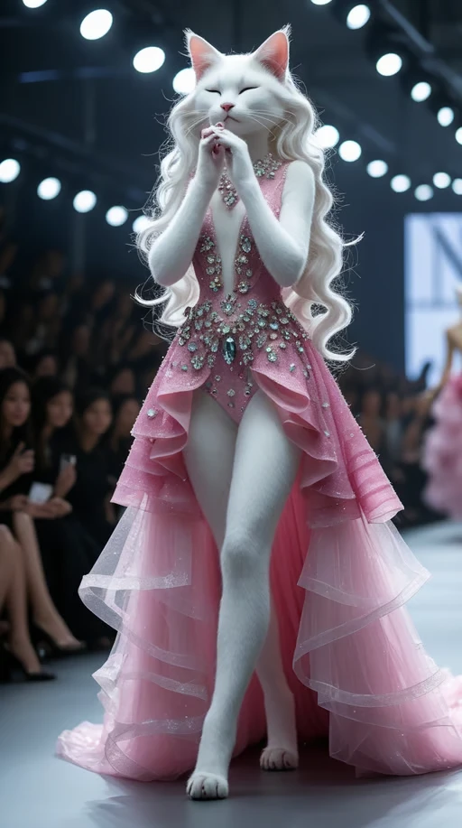 A graceful anthropomorphic tall female white cat having long curls hair confidently walking down a fashion runway, st...