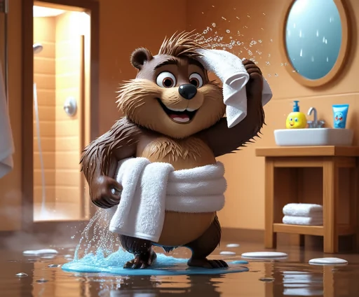 A 3D cartoon scene of the beaver character just stepping out of the shower. The bathroom is still full of steam, and ...