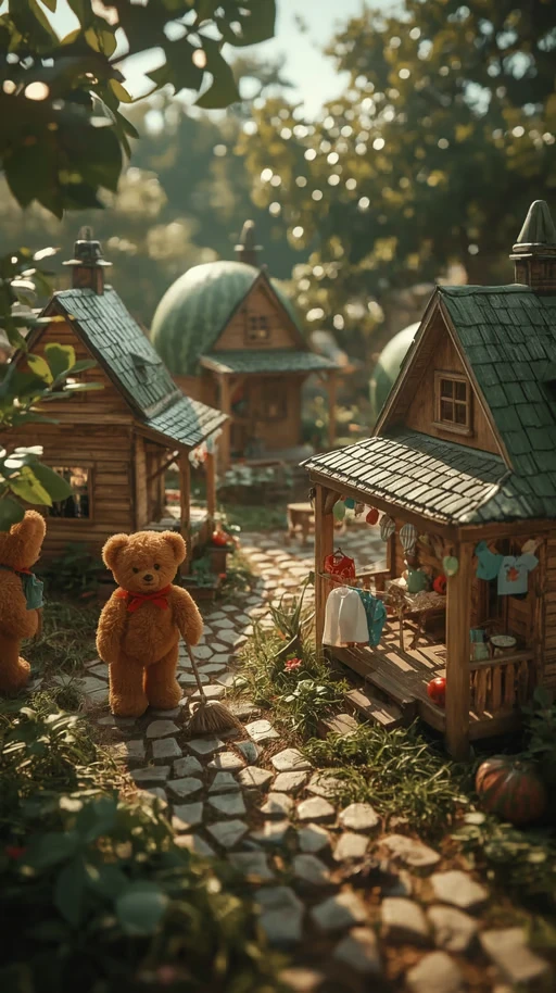 A peaceful morning in a miniature watermelon village where vintage teddy bears live. The village features tiny wooden...