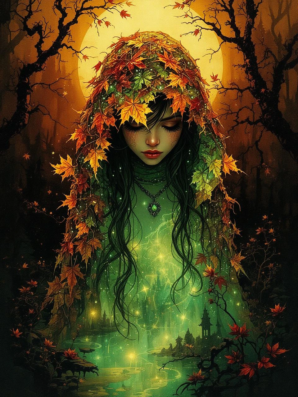 A mystical forest spirit or nature goddess with long dark hair, wearing a cloak made of glowing autumn leaves. She st...