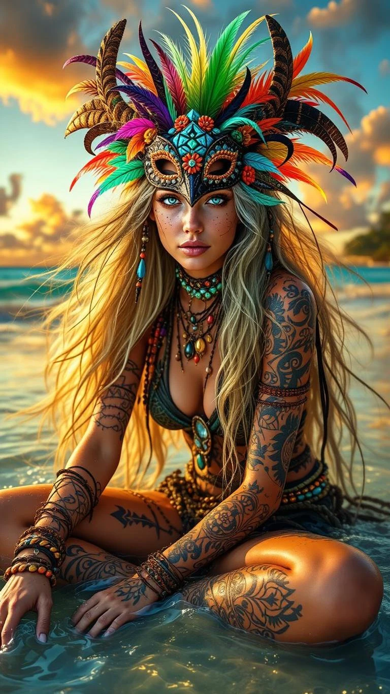 A stunning tribal warrior woman sitting gracefully in shallow ocean water during sunset. She has long flowing blonde ...