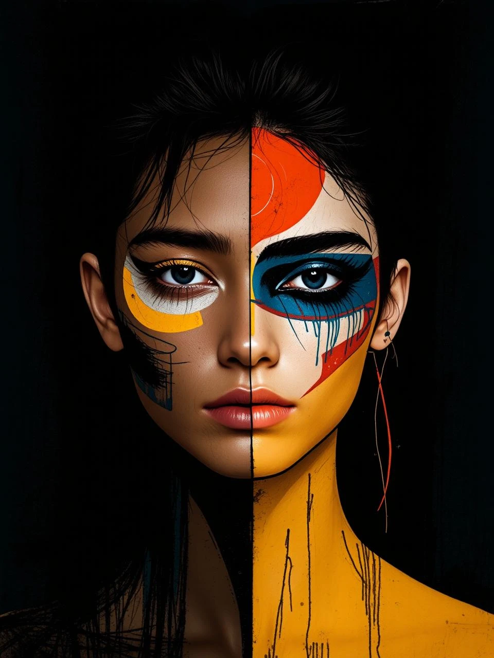 A dramatic portrait of a woman’s face divided down the center. One side shows her natural, realistic features with sm...