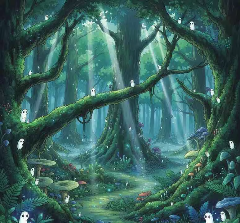 Bioluminescent ancient forest at night, glowing kodama spirits on mossy branches, shafts of moonlight, deep primordial greens, Princess Mononoke atmosphere
