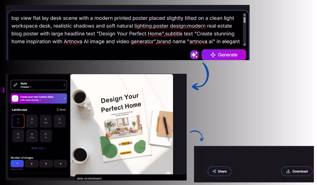 ArtNovaAI AI poster generator 4-step workflow: describe → style → generate → download