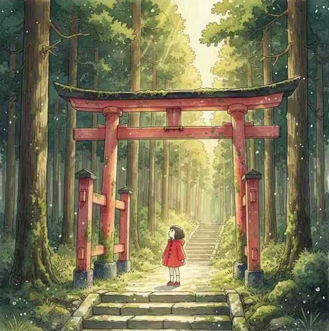 Ancient torii gate at the edge of a cedar forest, golden afternoon light, moss-covered stone steps, a girl in red coat, watercolor Ghibli style