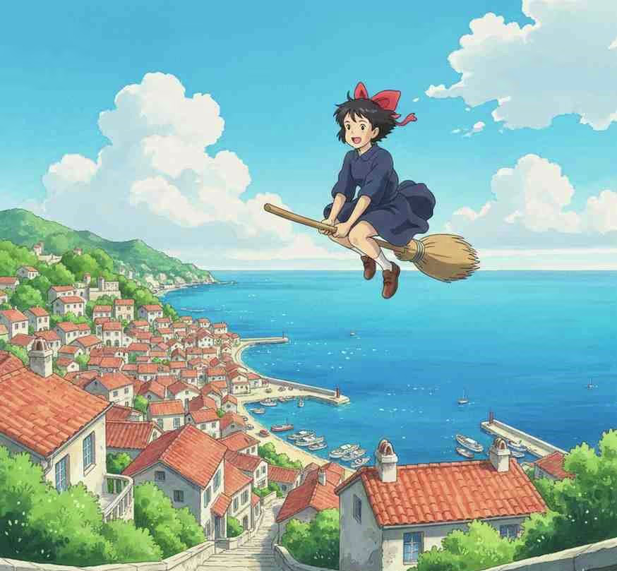 harming coastal European town with red-roofed buildings, bright blue sea, young witch flying on a broomstick against white clouds, cheerful Ghibli daytime light