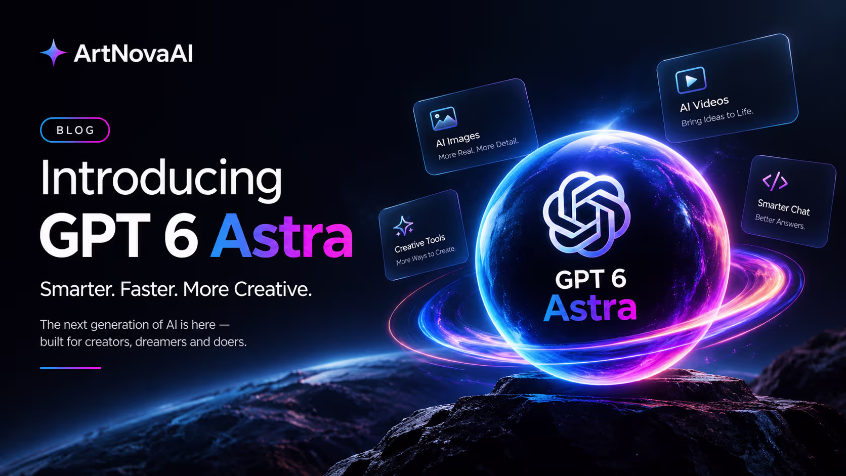 GPT-6 Astra guide cover: a star constellation illustration in sky blue, purple and pink next to the title GPT-6 Astra