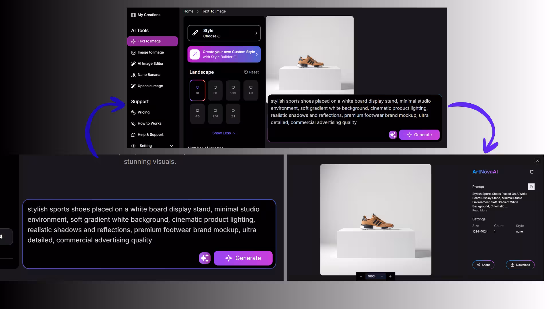 Artnovaai best AI images generator step-by-step: write prompt → choose style → generate 4K AI image in 5 seconds → download with commercial license
