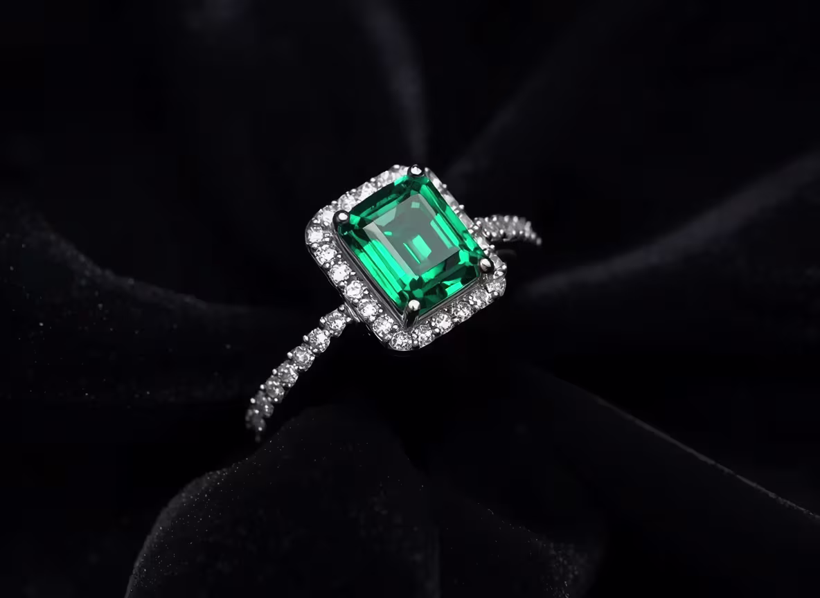 Emerald cut green gemstone ring in white gold displayed on black velvet