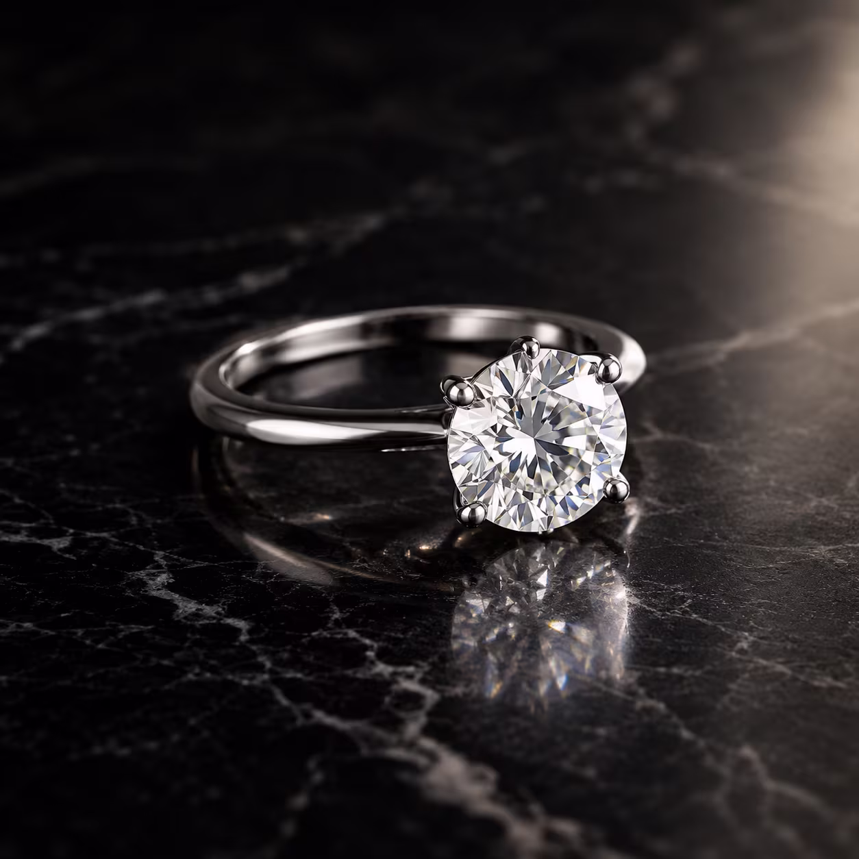 Solitaire diamond ring on black marble with a soft side highlight, made with an AI jewelry photo generator