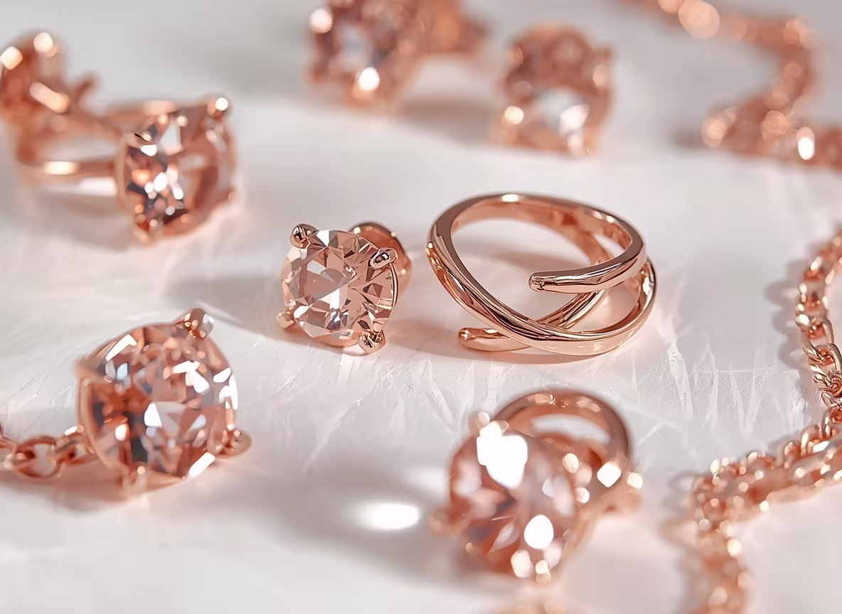 Rose gold ring, earrings and necklace laid out as a matching jewelry set